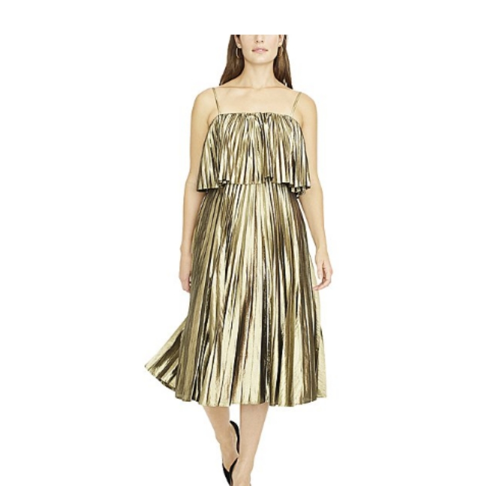 NEW J.Crew Metallic Gold Pleated Midi Dress-